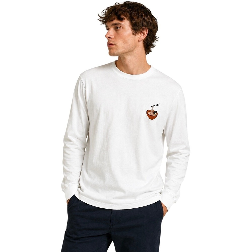 Percival XL White Organic Cotton Long Sleeve Tee Ramen Bowl Embroidered